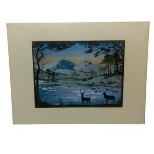 Vintage FJ Warren Dufex Foil Painting Winter Mountain Deer Hertfordshire